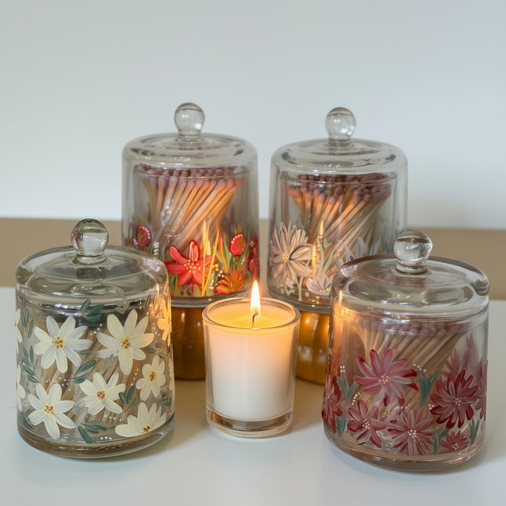 Set of decorative glass jars with floral designs containing matches and a lit candle.